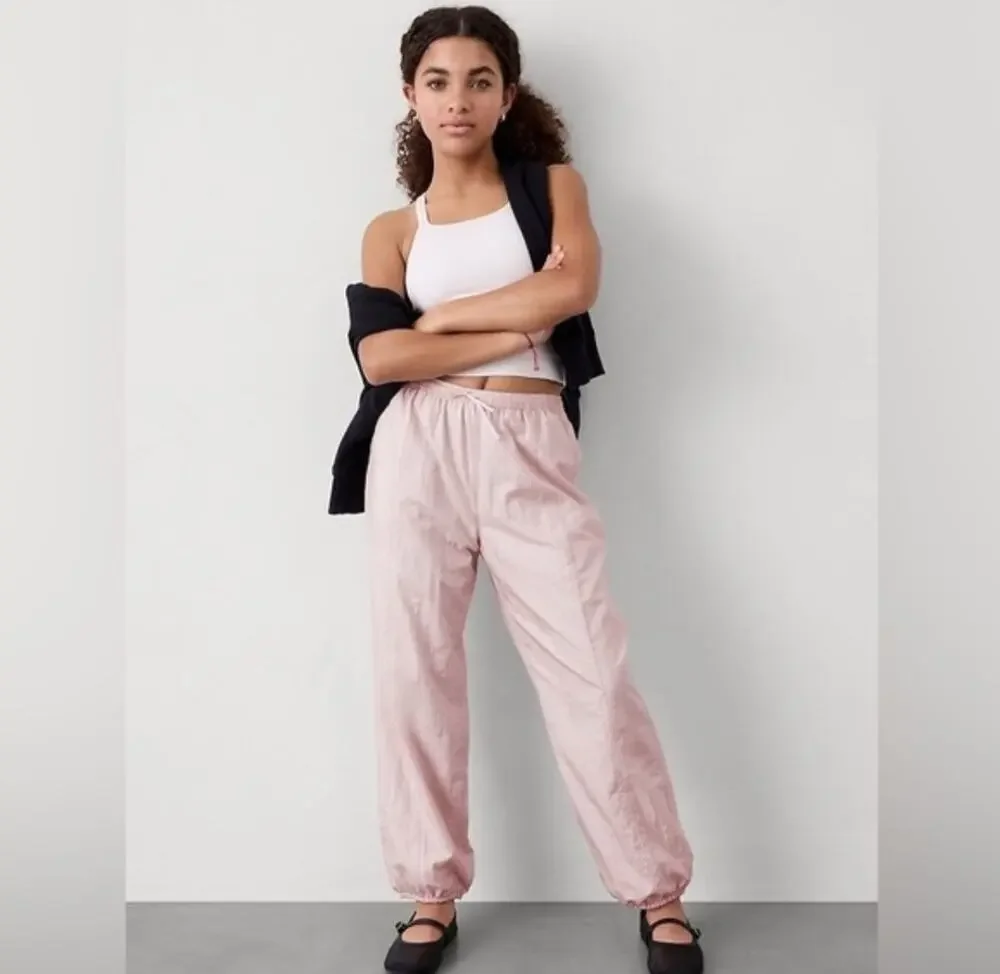 Athleta Girl Daybreak Jogger XL 14 Pink Athleisure Mesh Lined Crinkle Nylon Pant